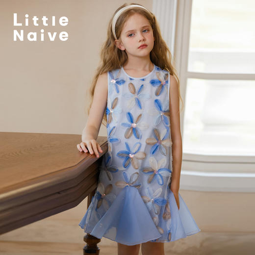 【云优选】LittleNaive儿童背心裙无袖花朵拼纱中长款夏季气质女童连衣裙 商品图0