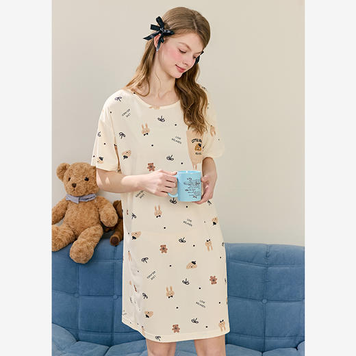 芬腾睡裙女夏季冰丝薄款短袖睡衣裙女款卡通可爱休闲家居服中裙 商品图3