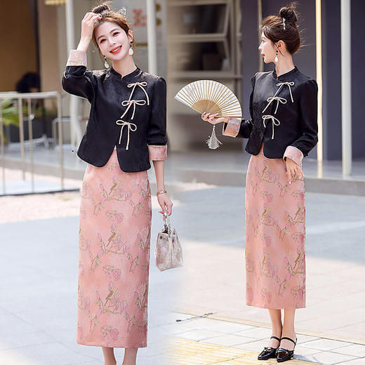 新中式优雅气质提花套装，复古g风短款盘扣上衣高腰半身裙两件套HR-MEIQIN6025 商品图1
