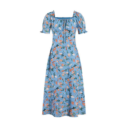 HeyDress法式郁金香印花连衣裙女夏季方领度假收腰气质碎花裙子 商品图4