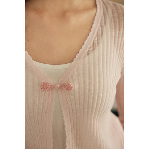 HeyDress新中式盘扣针织开衫女夏季复古V领坑条肌理防晒衫短上衣 商品图3