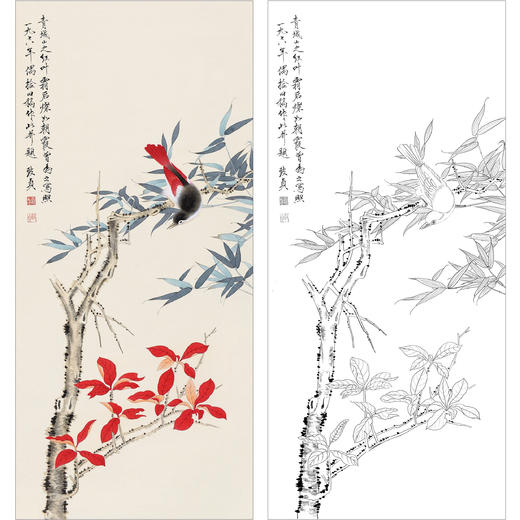 俞致贞花鸟工笔画白描底稿《 红叶小鸟》临摹勾线高清打印稿ZZ57 商品图0