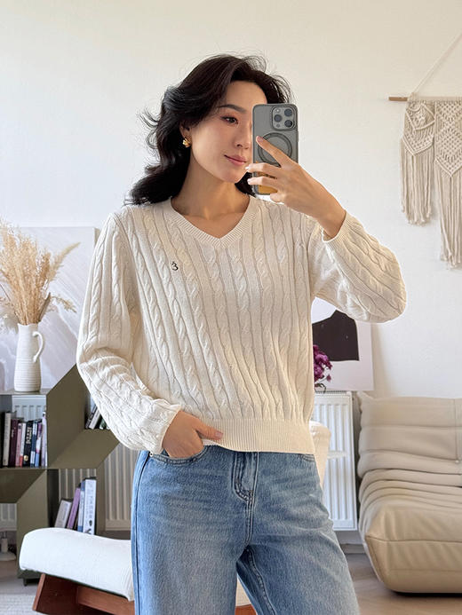 和纸纱 复古绞花 V领针织毛衣 商品图2