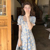 西遇法式碎花连衣裙女2025年夏季新款a字蓝色方领油画短袖长裙SS150346 商品缩略图4