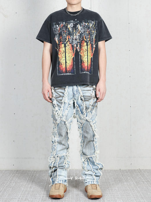 WHO DECIDES WAR | 毛须喷漆拼接牛仔裤 商品图1