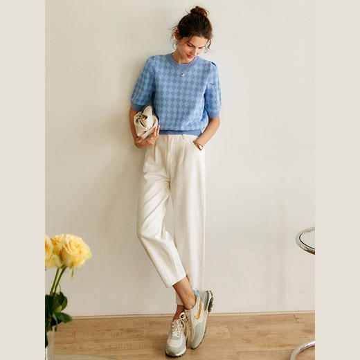 OLrain欧芮儿法式菱格蓝色针织衫女夏季2025新款气质撞色薄款上衣 商品图3