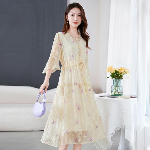 SM 82599220刺绣妈妈桑蚕丝连衣裙真丝裙 商品图1