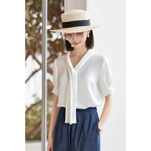 米思阳2025夏季新款职业通勤飘带领衬衫气质高级感面试白衬衫1324 商品图1