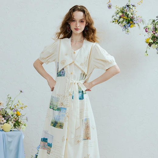 两三事 岚烟织梦 2025夏季新款复古可拆刺绣大翻领绑带印花连衣裙 商品图1