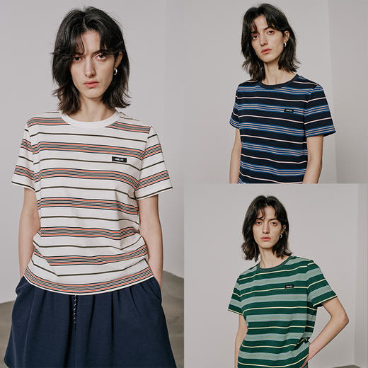 UMILAB【奇幻】高克重100%棉柔软挺括百搭宽松条纹春夏T恤女T717W 商品图0