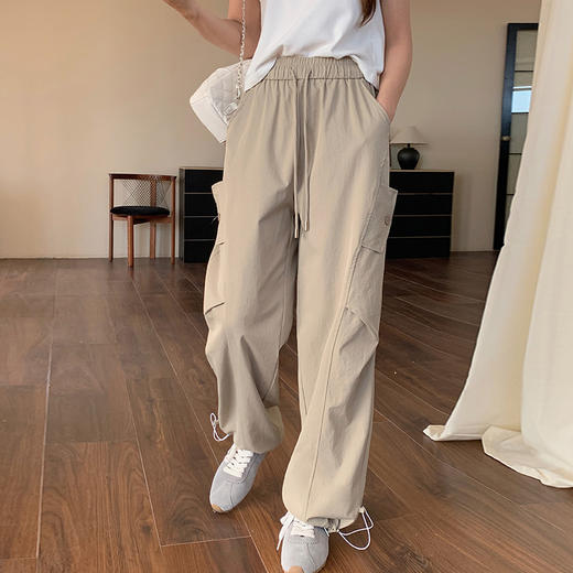 【夏季慵懒，茶歇风】【时髦百搭，不挑人】春夏新款复古高腰抽绳工装裤女宽松松紧腰显瘦拖地直筒阔腿休闲裤100% 商品图8