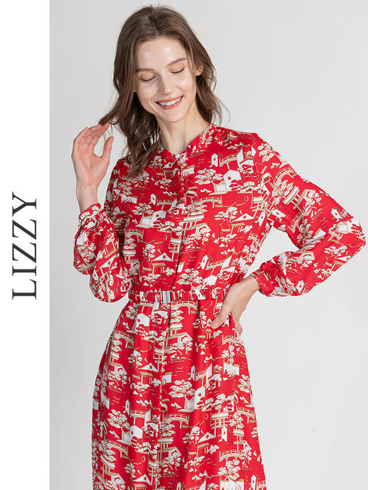 LIZZY夏季通勤休闲舒适桑蚕丝印花长袖连衣裙配腰带8130 商品图1