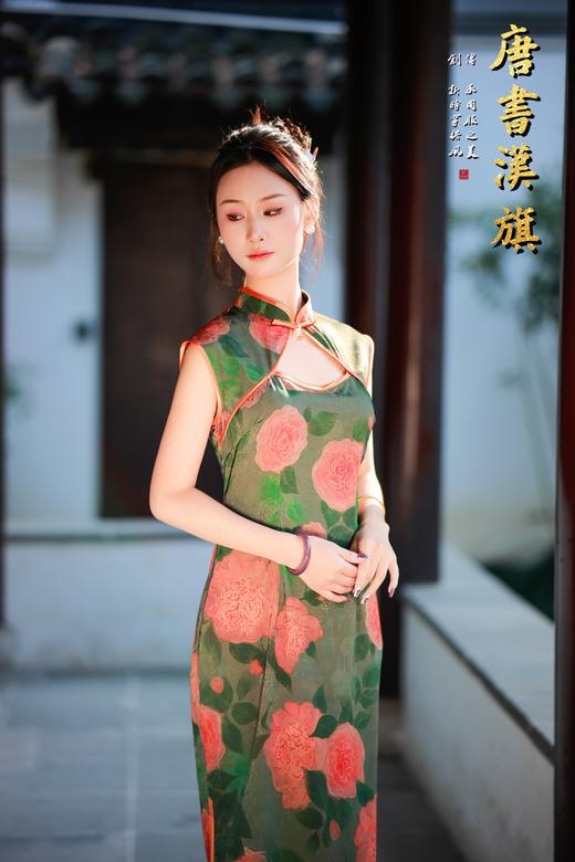 【丹 青】古韵雅致中式墨绿色玫瑰印花旗袍修身优雅复古风新中式 商品图2