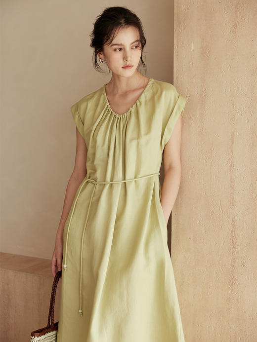 HeyDress法式亚麻连衣裙女夏季U领宽松收腰设计气质度假绿色裙子 商品图2