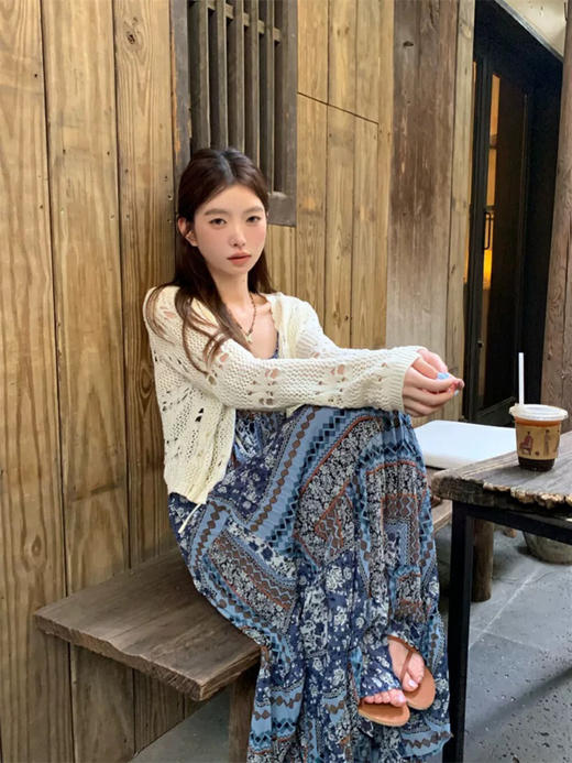 【GZ】无忧购波西米亚显瘦慵懒设计感吊带连衣裙＋针织开衫套装 5596-5#（截单后7天发货) 商品图1