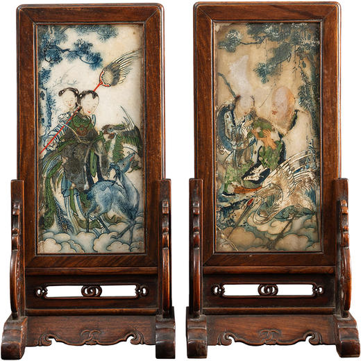 清 黄花梨镶云石彩绘麻姑献寿人物砚屏（一对） 商品图5