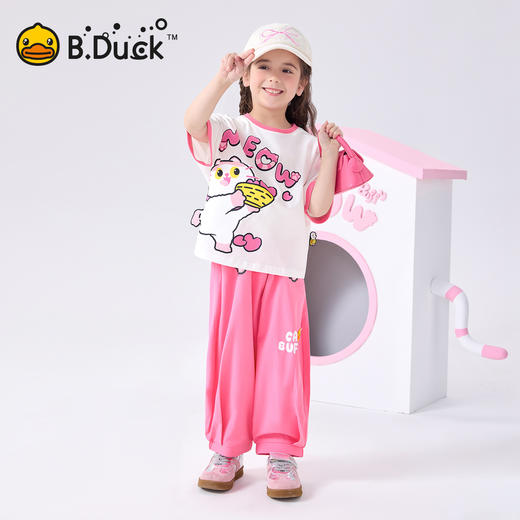 bduck小黄鸭童装夏季女童短袖T恤纯棉儿童夏装猫咪印花小女孩半袖上衣105-150 FF2601072 商品图1