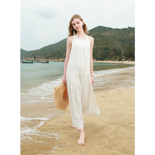 【亚麻】三彩2025夏季新款挂脖连衣裙无袖宽松A字裙小白裙长裙度假M 商品图1