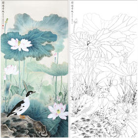 俞致贞花鸟工笔画白描底稿《荷塘清趣》荷花鸭临摹勾线高清打印稿ZZ59