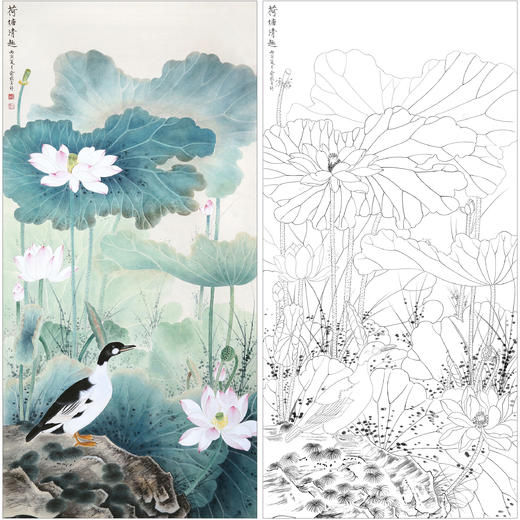俞致贞花鸟工笔画白描底稿《荷塘清趣》荷花鸭临摹勾线高清打印稿ZZ59 商品图0