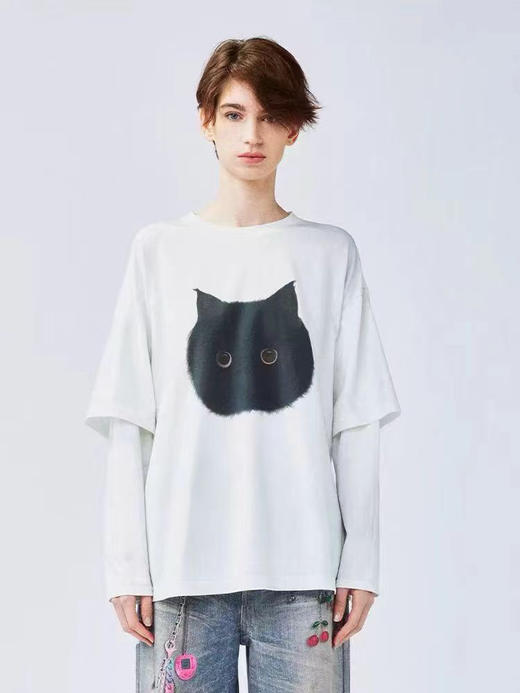 【3月21日 下午13:00 秒杀】原厂 乌丫猫头 巨可爱的猫猫头 假两件长袖T 商品图3
