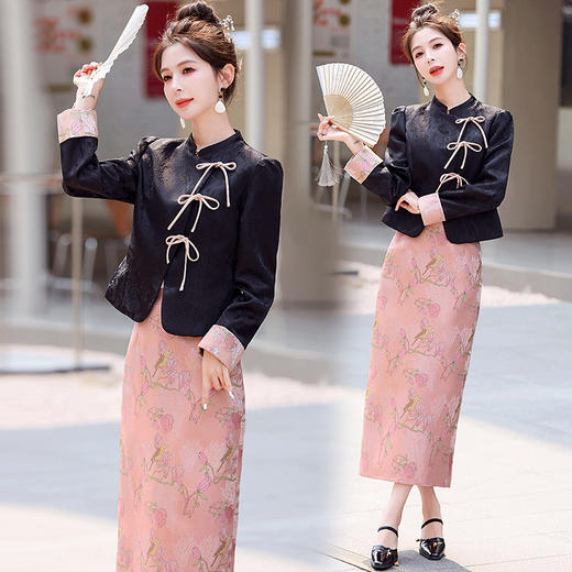 新中式优雅气质提花套装，复古g风短款盘扣上衣高腰半身裙两件套HR-MEIQIN6025 商品图0