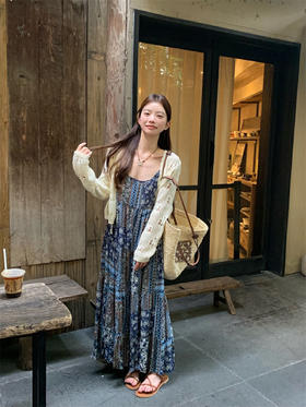 【GZ】无忧购波西米亚显瘦慵懒设计感吊带连衣裙＋针织开衫套装 5596-5#（截单后7天发货)