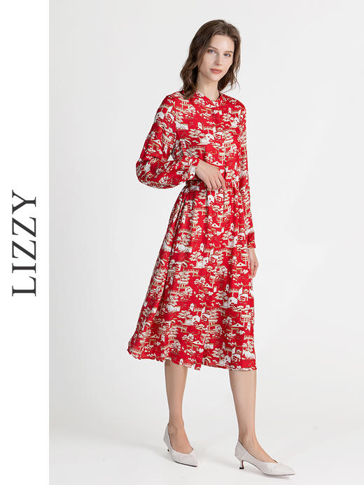 LIZZY夏季通勤休闲舒适桑蚕丝印花长袖连衣裙配腰带8130 商品图0