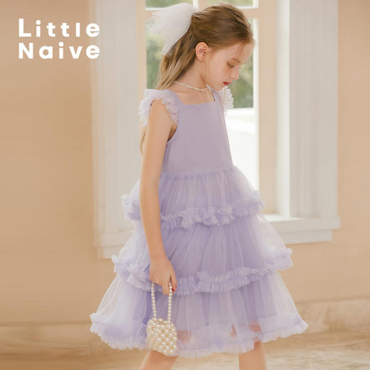【云优选】LittleNaive儿童背心裙夏飞袖网纱纯色法式无袖公主裙女童连衣裙 商品图2