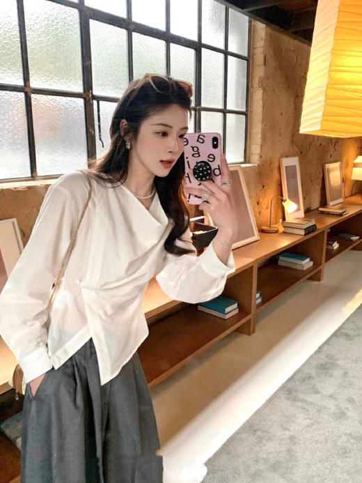 【GZ】无忧购韩系荡领不规则系带白衬衣＋气质高腰显瘦A字百褶裙裤套装8925-5（截单后7天发货) 商品图5