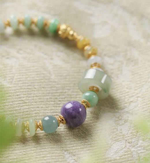 腕间流转的东方美学～天然三彩算盘珠翡翠手串女紫龙晶无事牌吊坠银饰镀金多宝证书 商品图5