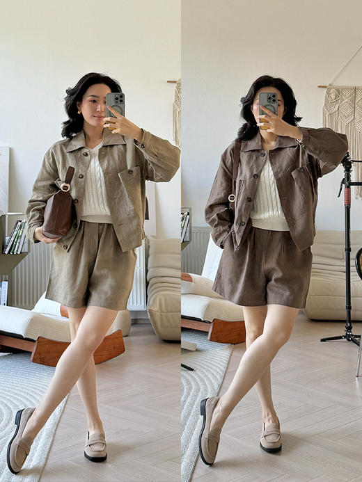 法国进口亚麻 廓系立裁 衬衫短裤套装 商品图0