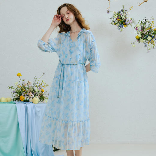 两三事叠影游丝2025夏季新款温柔风印花灯笼袖仙女裙两件套连衣裙 商品图1