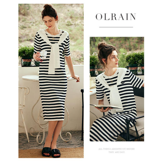 OLrain欧芮儿法式条纹针织连衣裙女夏季2023年新款披肩假两件裙子 商品图0