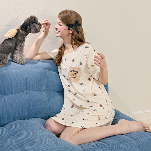 芬腾睡裙女夏季冰丝薄款短袖睡衣裙女款卡通可爱休闲家居服中裙 商品图1