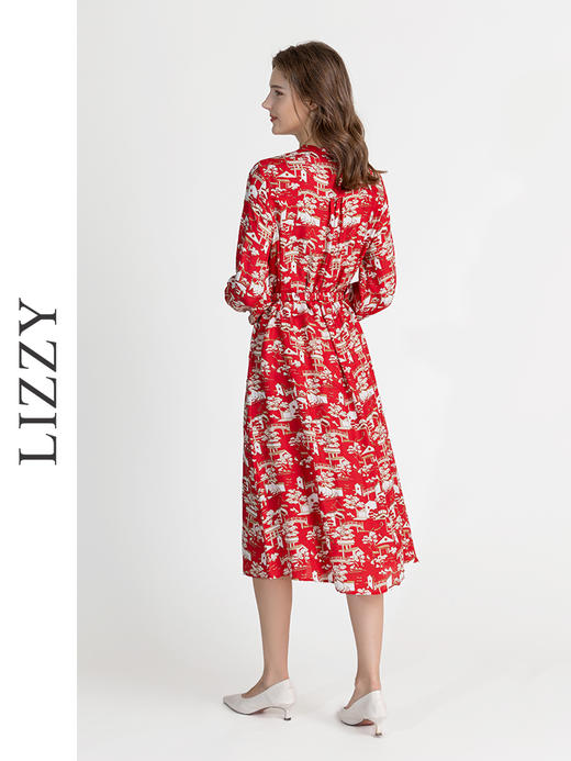 LIZZY夏季通勤休闲舒适桑蚕丝印花长袖连衣裙配腰带8130 商品图3