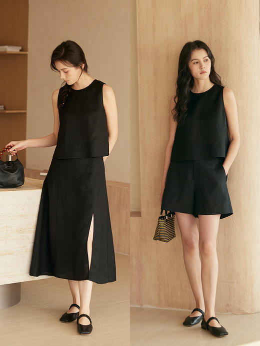 HeyDress法式亚麻衬衫女夏季宽松收腰设计显瘦半身裙背心短裤套装 商品图3