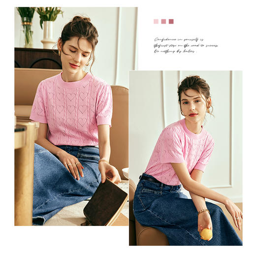 OLrain欧芮儿法式粉色短袖针织衫女春季2025新款圆领镂空宽松上衣 商品图2