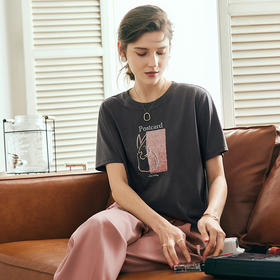 OLrain欧芮儿法式深灰色短袖T恤女夏季2025新款宽松刺绣圆领上衣