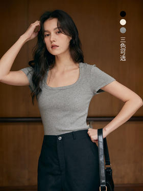 HeyDress正肩方领短袖t恤女夏季宽松休闲半袖灰色百搭通勤短上衣