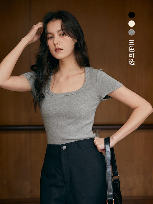 HeyDress正肩方领短袖t恤女夏季宽松休闲半袖灰色百搭通勤短上衣 商品图0