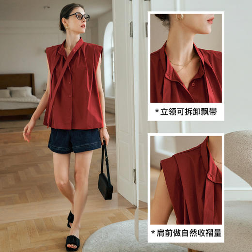 OLrain欧芮儿红色立领衬衫女2025夏季新款通勤简约百搭飘带上衣 商品图2