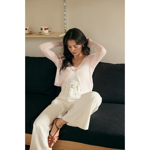 HeyDress新中式盘扣针织开衫女夏季复古V领坑条肌理防晒衫短上衣 商品图2