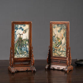 清 黄花梨镶云石彩绘麻姑献寿人物砚屏（一对）