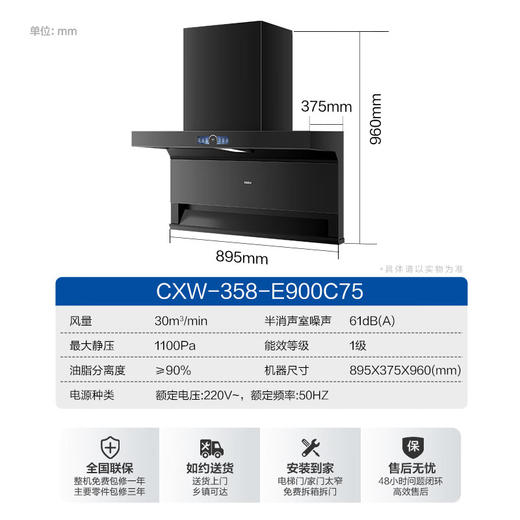 【新品上市】海尔变频抽油烟机静音家用30立方顶7字外观侧底三吸自清洁吸排烟机CXW-358-E900C75 商品图0