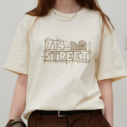 714street几何LOGO印花竹节纹理纯棉短袖T恤男女夏季情侣半袖上衣 商品图3
