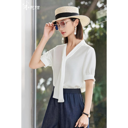 米思阳2025夏季新款职业通勤飘带领衬衫气质高级感面试白衬衫1324 商品图0