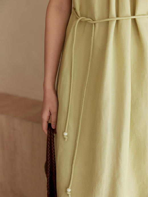 HeyDress法式亚麻连衣裙女夏季U领宽松收腰设计气质度假绿色裙子 商品图1