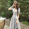 西遇法式碎花连衣裙女2025年夏季新款a字蓝色方领油画短袖长裙SS150346 商品缩略图0
