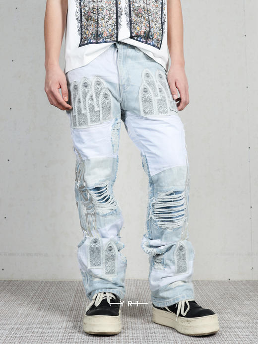 WHO DECIDES WAR | 纱拼布丁牛仔裤 商品图0